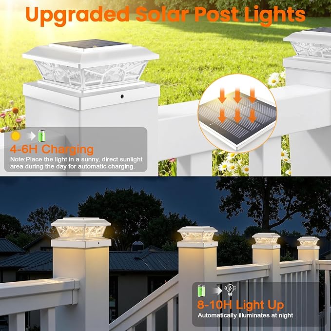Brightever 4x4 3.5x3.5 Solar Post Cap Lights 8-Pack White | 2 Modes (Warm/Cool White), 16LEDs, for Wooden/Vinyl Posts, IP65 Waterproof, Outdoor, for Fence, Deck, Patio, Yard, Porch