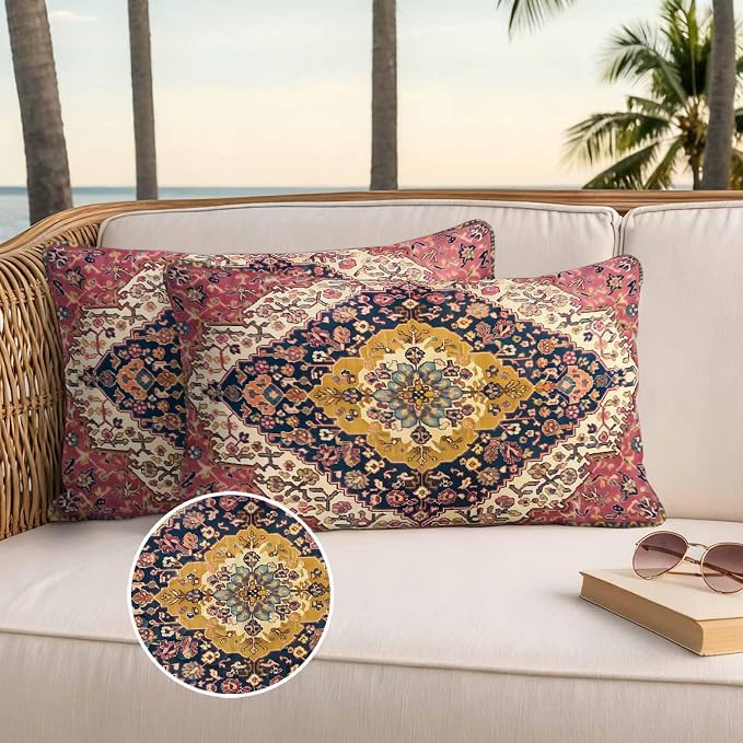 Southwest Aztec Waterproof Outdoor Pillow Covers Set of 2 Home Decor, Boho Tribe Traditional Floral Patterned Pillowcase Patio Pillow Covers for Couch Bench Furniture Garden 20x12in