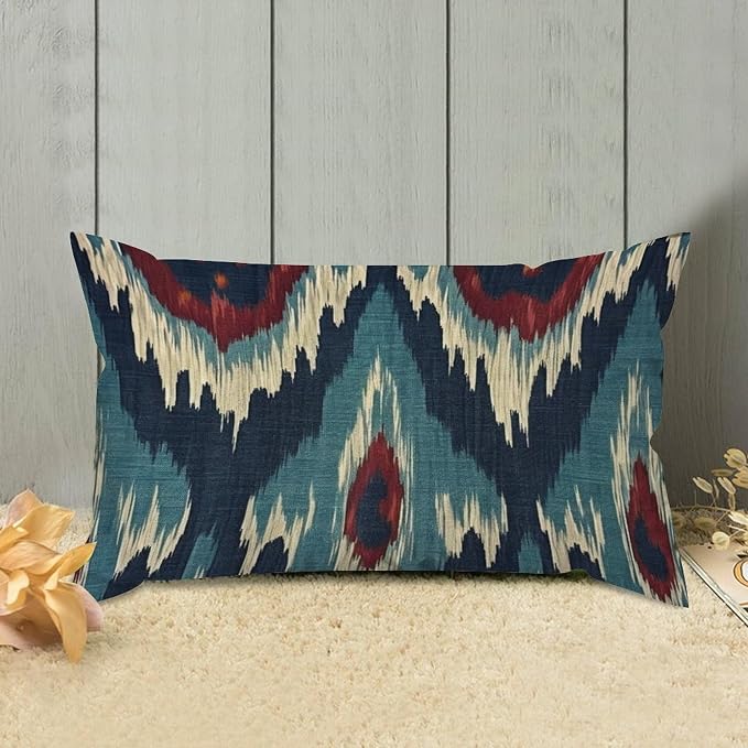 Zipped Pillow Cases for Home Decor Blue Green Red Cream Ikat Pattern Throw Pillow Cover Set of 2 Farmhouse Cushion Cover Cases for Living Room Club Home Decor 12x20in