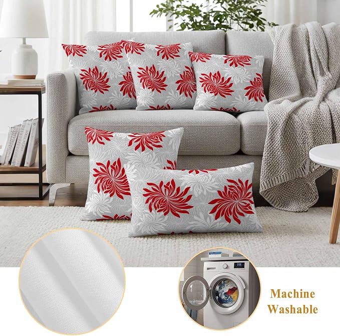 Red Grey Floral Outdoor Pillow Covers Set of 2 Vintage Red White Grey Flower Waterproof Throw Pillow Cover Decorative Cushion Cases for Patio Porch Garden 20X20 Inch