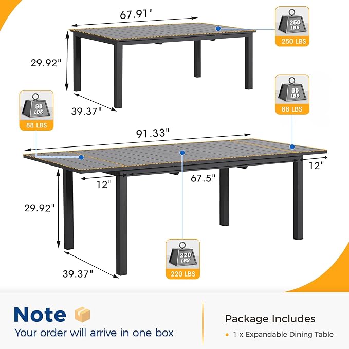 RoyalCraft Expandable Aluminum Outdoor Dining Table, 2-Adjustable Lengths Patio Dining Table for 6-10 Person, 91.33" L x 39.37" W Metal Patio Table with Adjustable Feet for Deck Garden Porch, Grey