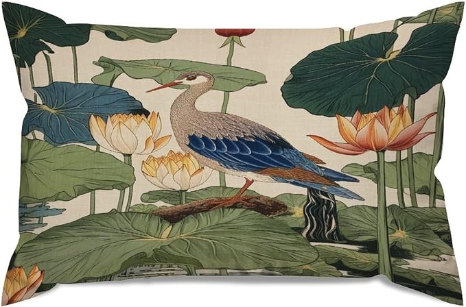 Zipped Pillow Cases for Home Decor Chinese Pond Bird Throw Pillow Cover Set of 2 Farmhouse Cushion Cover Cases for Living Room Club Home Decor 12x18in