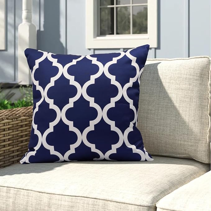 Pack of 2 Outdoor Waterproof Throw Pillow Covers 16x16 Navy Blue and White Throw Pillow Covers Outdoor Pillows Covers for Patio Furniture Garden Balcony Sunbrella Outside(No Pillow Insert)
