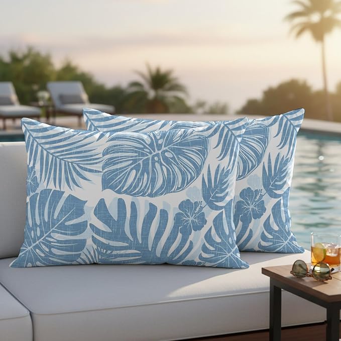 Coastal Blue Palm Leaves Outdoor Pillow Covers 20"x12" Set of 2, Tropical Botanical Minimalist Modern Waterproof Throw Pillow Covers for Patio Furniture, Decorative Cushion Covers for Porch
