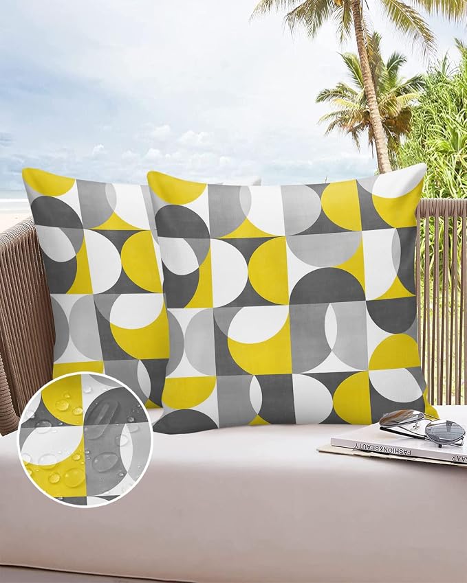Vandarllin Outdoor Throw Pillows Covers 24x24 inch Set of 2 Waterproof Mid Century Geometric Decorative Zippered Cushion Covers for Patio Furniture, Abstract Modern Yellow Gray Lumbar Pillowcases