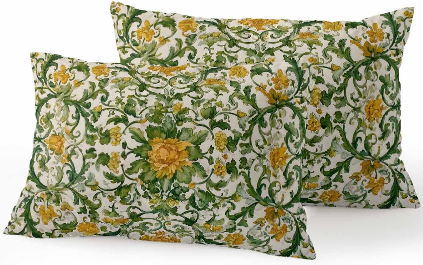 Outdoor Pillows with Inserts Set of 2 12x20, Yellow Green Boho Waterproof Outdoor/Indoor Throw Pillows, Classic Floral Farmhouse Botanical Decorative Pillow for Bed Couch Sofa Patio Furniture