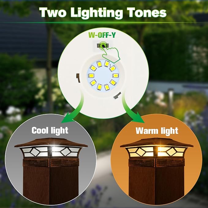Solar Post Cap Lights Outdoor 6pack, Waterproof Solar Powered Deck Fence Post Lights for 4x4 Wood/Vinyl Posts, Solar Outdoor LED Light with Cool/Warm Lighting Decorate Garden Patio Porch…