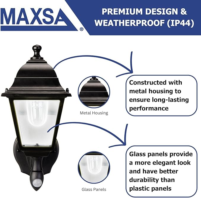 Maxsa 44219 Premium Wireless Battery-Powered Motion-Activated Decorative Outdoor Wall Sconce Lighting Fixture, Cool White LED, Metal Housing, Black
