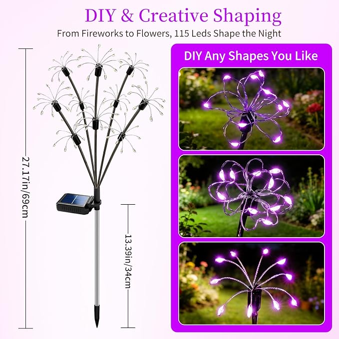 Solar Garden Lights Outdoor, 4 Pack 2-Layer Purple Solar Firework Lights | ﻿Purple Halloween Decoration, Waterproof Starburst Fairy Light Garden Decor for Christmas Yard Patio Pathway Lawn