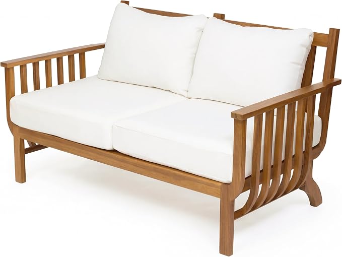 Merax 2-Seater Mid-Century Modern Acacia Wood Outdoor Loveseat with Weather-Resistant Cushions, Patio Sofa for Deck, Poolside, Backyard