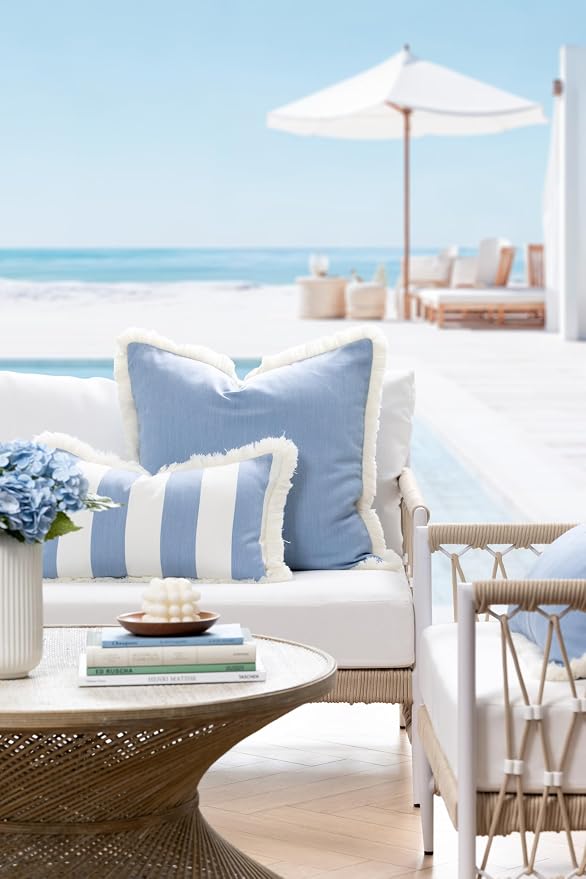 Hofdeco Premium Coastal Hampton Outdoor Performance Lumbar Pillow Cover Only, 12"x20" Water Repellent, UV and Fade Resistant for Backyard, Couch, Poolside, Azure Blue Woven Beach Stripes