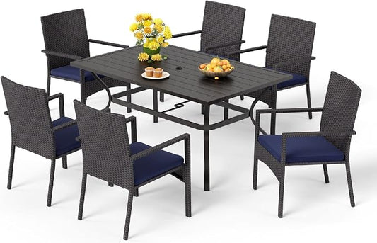 MFSTUDIO 7 Piece Outdoor Dining Set, 60” Rectangular Metal Table with Umbrella Hole & Cushioned Rattan Chairs, Patio Wicker Dining Table Furniture Set for 6, Deck, Porch