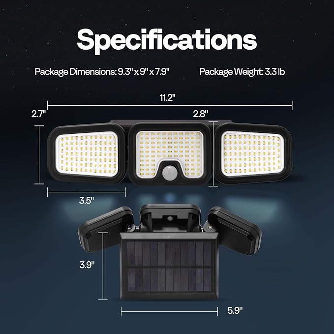 VIVOHOME Solar Flood Lights Outdoor, 256 LED Motion Sensor Lights, 3 Pack | 2500LM, 3 Adjustable Heads Security Lights, IP65 Waterproof, 270° Wide Lighting Angle Solar Powered Lights for Porch, Yard
