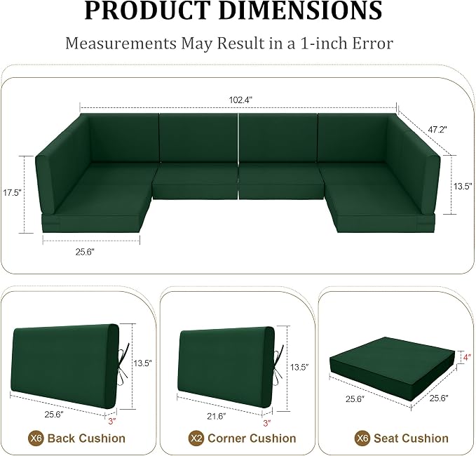 14pc Waterproof Outdoor Couch Cushions for 6 Seat Patio Dark Green | Water-resistant, UV-resistant,14pc High-Density Foam Replacement Cushions for 6-Seat Outdoor Sectional Furniture