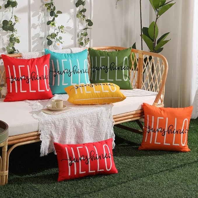 DFXSZ Olive Green Outdoor Waterproof Pillow Covers 16x16 Set of 2 | Hello Sunshine Decor Spring Summer Polyester Pillow Covers(NO INSERTS)| Decor for Patio Funiture Garden Sofa Couch