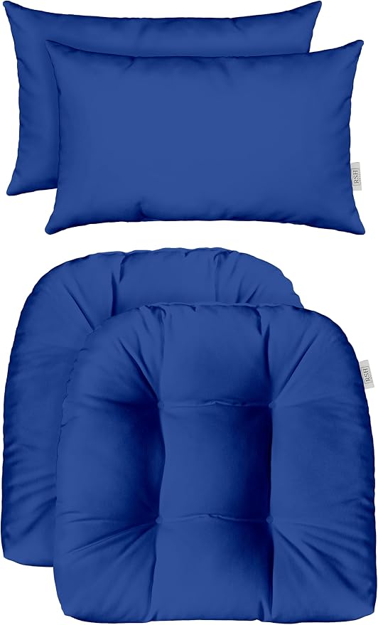 RSH DECOR: Tufted U-Shapes & Lumbars 2 of Each | 19” x 19” & 20" x 12" | Water-Resistant Spun Fabric | Outdoor Wicker Cushions & Support Pillows for Patio Furniture | Veranda Blue