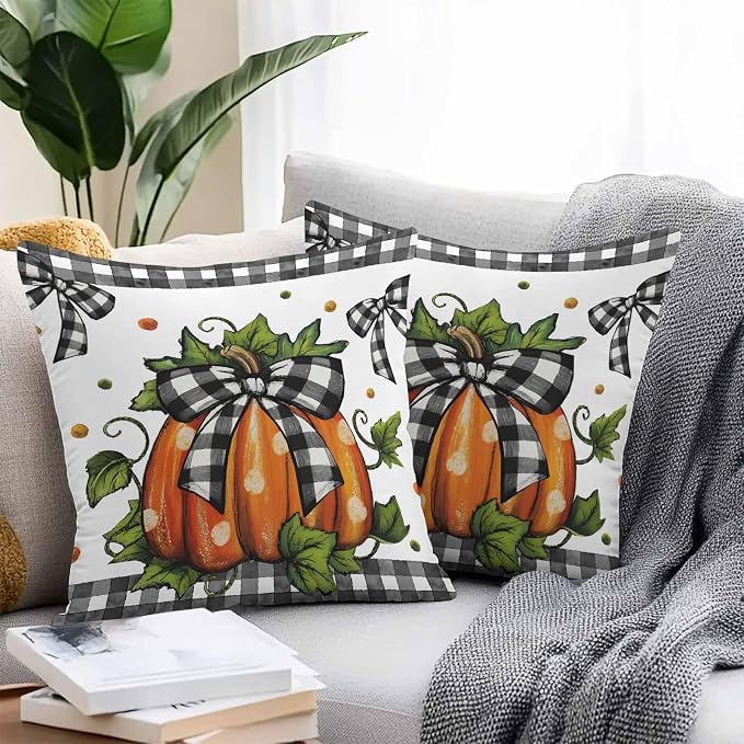 Orange Pumpkins Outdoor Waterproof Pillow Covers, Polka Dot Bow Fall Maple Leaves Plaid Decorative Square Throw Pillowcase Sofa Cushion Sham for Patio/Couch/Chair, 16"x16" 2 Pack