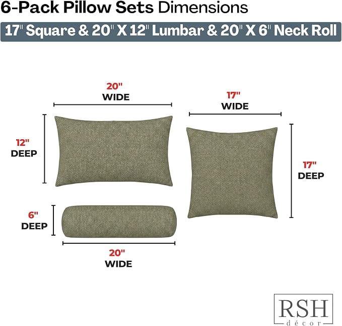 RSH DECOR: 6-Pack Pillow Set | Sunbrella Performance Fabric |Water & Fade-Resistant| 17" Square, 20"x12" Lumbar, 20"x6" Neck Roll | Outdoor Pillows for Patio Furniture | Made in USA (Spirit Fern)