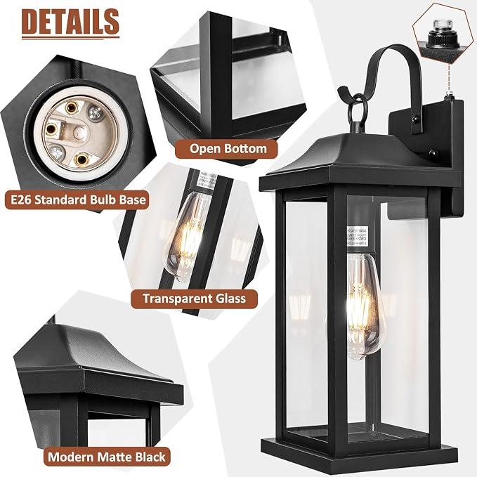 Dusk to Dawn Outdoor Lighting Wall Mounted 17 Inch Black | 2 Pack Exterior Light Fixtures Photocell Sensor, Porch Lights Waterproof, Outside Wall Sconces Garage Coach Lamps, ETL List