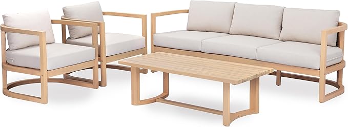 Merax 4 Piece Rattan Woven Paito Conversation Set, All-Weather Acacia Wood 3 Seater Sofa,2 Club Armchairs with Cushions, 1 Coffee Table for Porch, Lawn, Backyard, Balcony, Light Teak