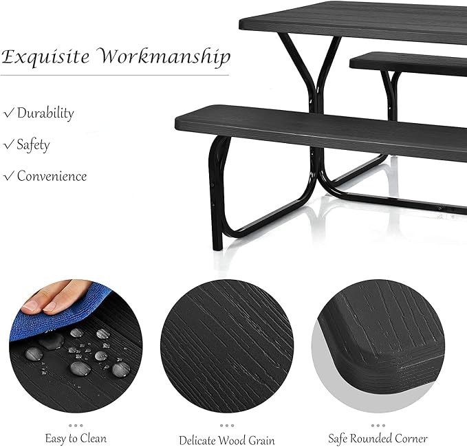 Hysache Picnic Table Bench Set, Patio All Weather Metal Base Camping Set w/Wood Texture Tabletop, Steel Frame, Large Tables for Backyard Poolside Garden Lawn (Black) (OP3499)
