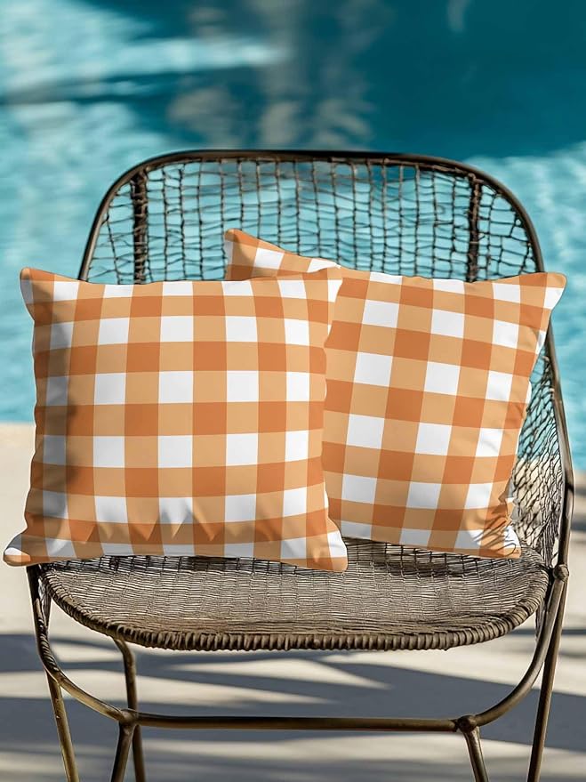 Waterproof Outdoor Pillow Set of 2 Orange Buffalo Plaid Decorative Throw Pillows Cover & Insert 18x18 Inch Pillowcase Check Lines Square Pillows for Couch Sofa Bed Patio Furniture Indoor Outdoor