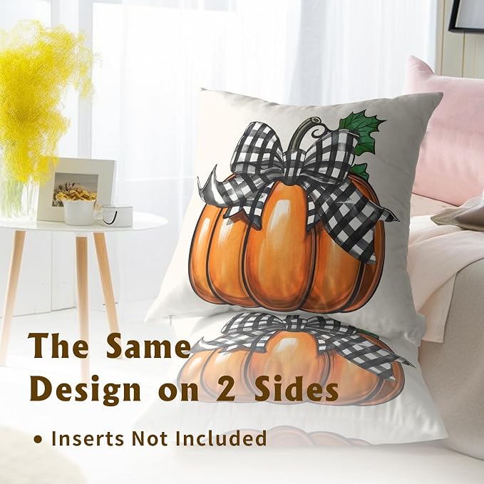 Fall Throw Pillow Covers 16x16 Inch, Set of 2 Orange Pumpkin Farmhouse Square Pillowcases Cotton Cushion Cover for Living Room Bedroom Couch Sofa Porch Cabin Seasonal Decor