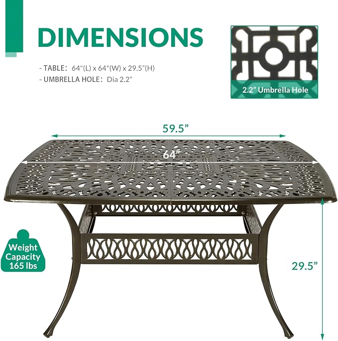 VIVIJASON 64" Patio Dining Table for 8, Large Square Cast Aluminum Dining Table with 2.2" Umbrella Hole, Weather-Resistant Patio Dining Table for Deck Garden Backyards, Dark Bronze