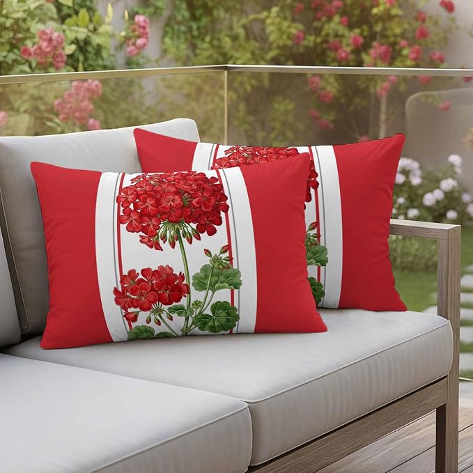 Outdoor Waterproof Pillow Covers Spring Summer Flowers Geranium Decorative Throw Pillow Protectors,Red Geometric Striped Pillowcase Cushion Cases for Patio Sofa Garden Couch,20x12in,Pack of 2