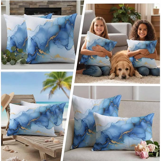 Abstract Marble Texture Outdoor Waterproof Throw Pillow Covers Set of 2, 20"x20", Gold Blue Gradient Modern Art Decoration Decorative Pillow Covers Outside Cushion Case for Patio Porch Garden