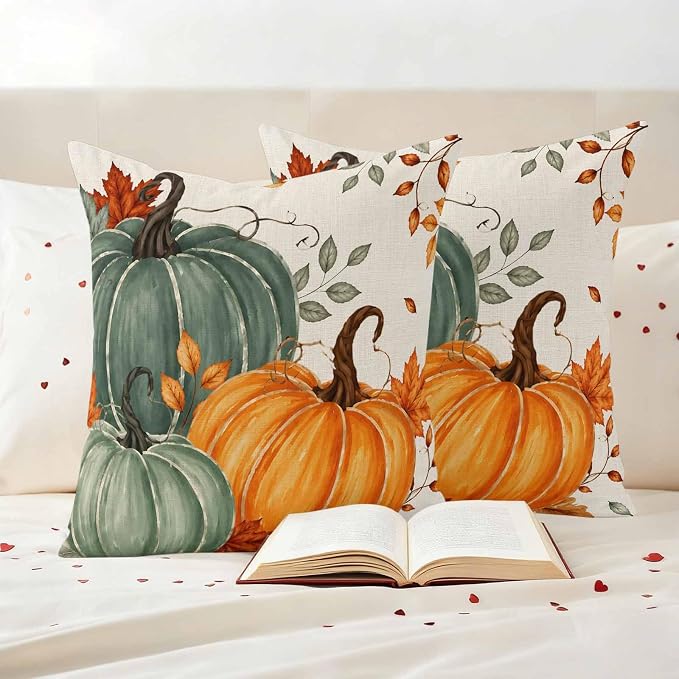 Green Orange Fall Waterproof Outdoor Pillow Covers 16''x16'' Set of 2, Maple Leaves Thanksgiving Patio Furniture Cushion Covers for Chairs,Decorative Farmhouse Beige Pillow Cases for Garden/Pool/Beach