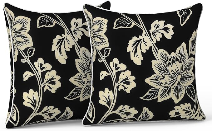 LVTXIII Outdoor Throw Pillow Covers Set of 2, Patio Waterproof Pillow Cases Fade Resistant Accent Pillow Covers for Home and Garden Furniture Decoration, 16x16, Elegant Vines Black