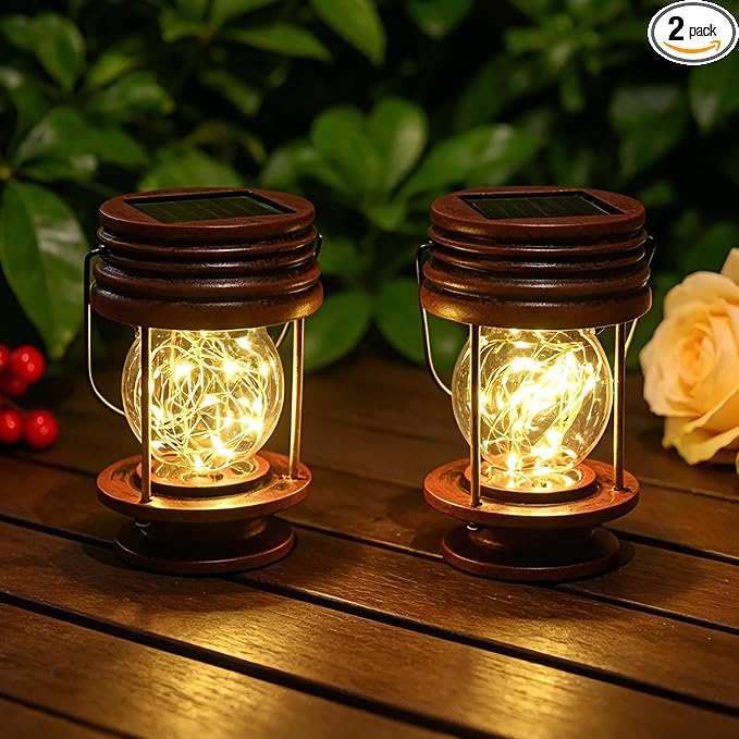 Solar Lanterns Outdoor Patio Decor, 20 LED Hanging Solar Fairy Lights Waterproof, 2 Pack Retro Decorative Table Lamps with Warm Glow for Porch, Yard, Garden, Pathway & Backyard Decoration