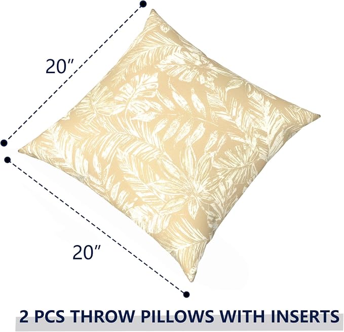 Outdoor Pillows with Insert 20x20 Inch, Waterproof Throw Pillow for Patio Furniture, Decorative Back Cushion for Garden Home Sofa Office Chair, Set of 2, Tropical Leaf Oat