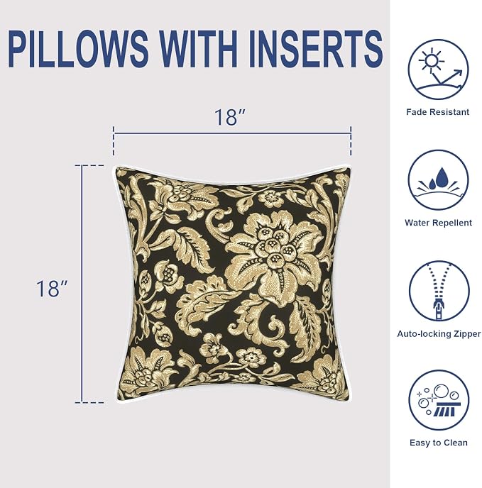 Outdoor Throw Pillows Inners, Fade Resistant Patio Furniture Square Pillows with Piping Set of 2 for Patio Furniture, 18x18 Inch, Jacobean Black