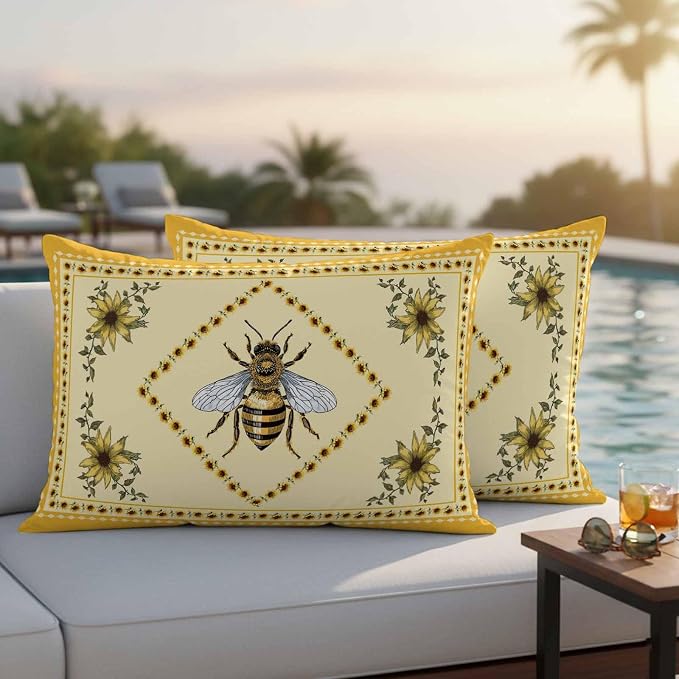 Sunflowers and Bee Outdoor Pillow Covers Set of 2, Farmhouse Retro Floral Decorative Waterproof Throw Pillow Case, Animal Honeybee Cushion Pillowcases for Couch Garden Patio 20x12In