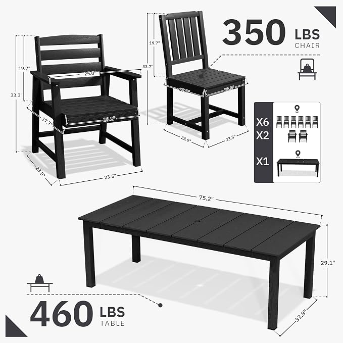 AreShark Patio Dining Chair Set of 2,All Weather HDPE Outdoor Dining Armless Chairs with Wide Seat and Backrest,Weatherproof Patio Chairs for Garden,Backyard,Deck,Black