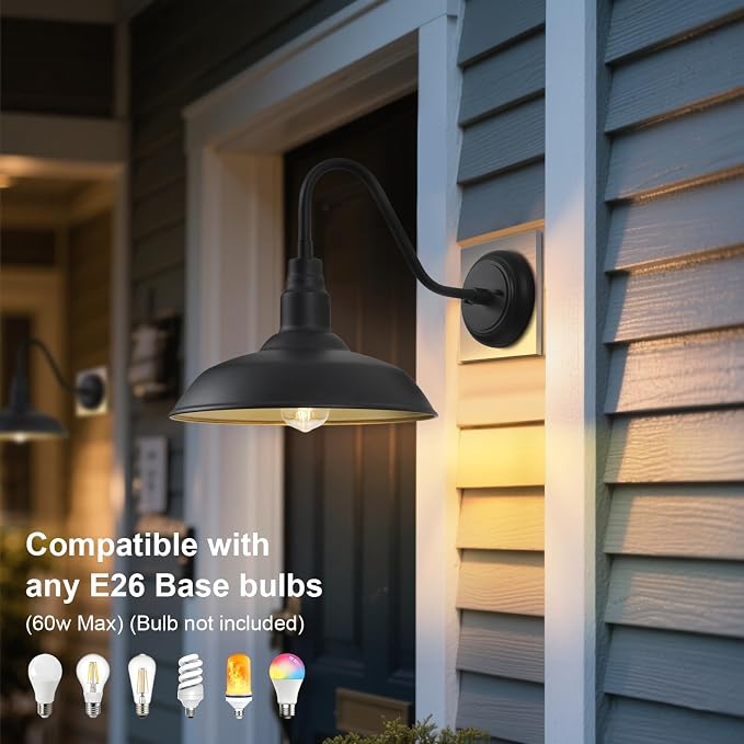 14in Dome Large Outdoor Barn Lights, Black Exterior with Gold Interior Gooseneck Light Fixture, Outside Wall Mount Industrial Sconce for Porch Farmhouse Garage Front Door Patio Entryway