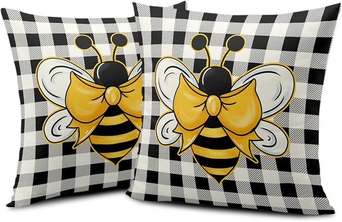 Yellow Bumble Bee Pillow Covers 18x18 Set of 2 Black White Buffalo Plaid Pillow Covers Summer Spring Themed Decorative Cushion Cases Home Decor for Couch Bed Holiday