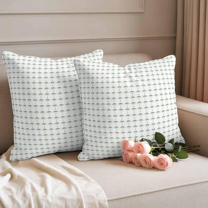 Palm Trees Outdoor Pillow Covers 20"x20" Set of 2, Summer Vintage Nautical Coastal Beach Ocean Green Tree Waterproof Throw Pillow Covers for Patio Furniture, Decorative Cushion Covers for Porch
