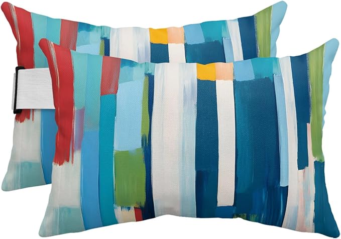 Blue Green White Outdoor Chaise Lounge Head Pillow with Insert,Modern Abstract Gradient Aesthetic Art Waterproof Headrest Lumbar Pillow Cusion Cover with Elastic Strap for Patio Recliner,12"x20" 2PCS