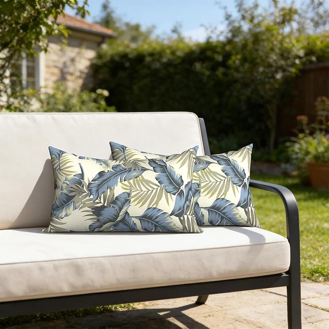Outdoor Lumbar Pillows with Insert 12x20 Inch, Waterproof Throw Pillow for Patio Furniture, Decorative Lumbar Cushions for Garden Home Sofa Office Chair, Set of 2, Lush Palm Blue