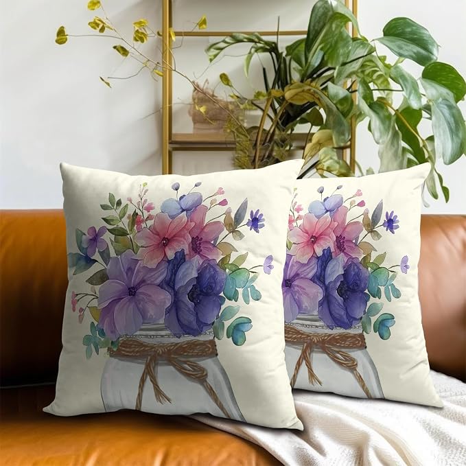 Summer Flowers Pillow Covers 16 x 16 Inches Set of 2,Watercolor Purple Pink Floral Jar Cushion Cover Cotton Linen Pillowcase for Home Couch Sofa Patio Bedroom Livingroom