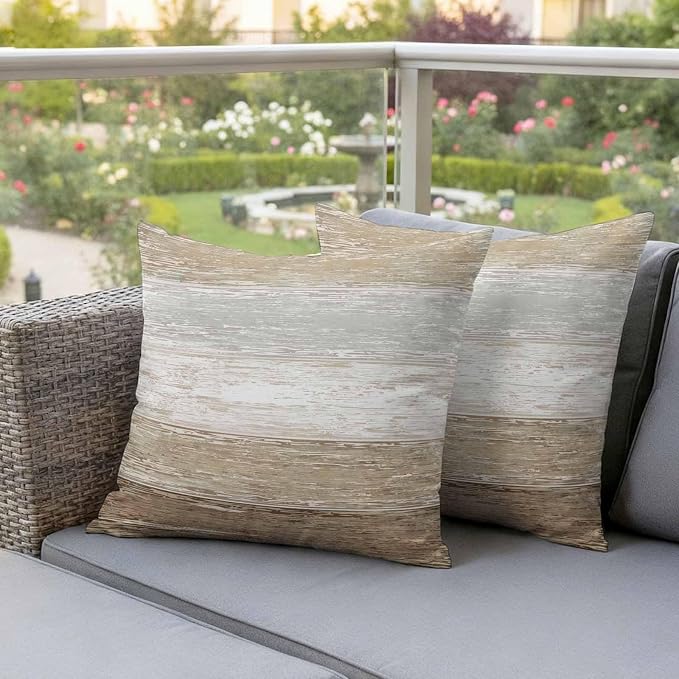 Outdoor Waterproof Throw Pillow Covers, Vintage Brown Grey Decorative Pillow Cases, Farmhouse Barn Wooden Striped Couch Pillow Protector Patio Sofa Cushion Covers Replacement 18"x18" 2 Pack