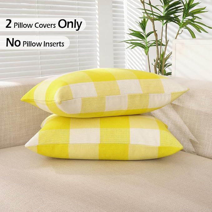 CARRIE HOME Yellow Plaid Summer Outdoor Lumbar Pillow Covers 12x20 Set of 2, Bright Lemon Yellow Buffalo Check Plaid Lumbar Pillows, Porch Decorative Pillows for Patio Furniture (No Pillow Insert)
