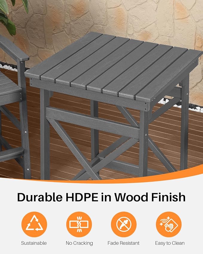 3-Piece Adirondack Chairs and Table Set, HDPE Patio Bar Sets, All Weather Outdoor Bar Stools Set, HDPE Adirondack Bar Height Chairs and Bar Table for Balcony, Pool, Porch, Smoke Gray