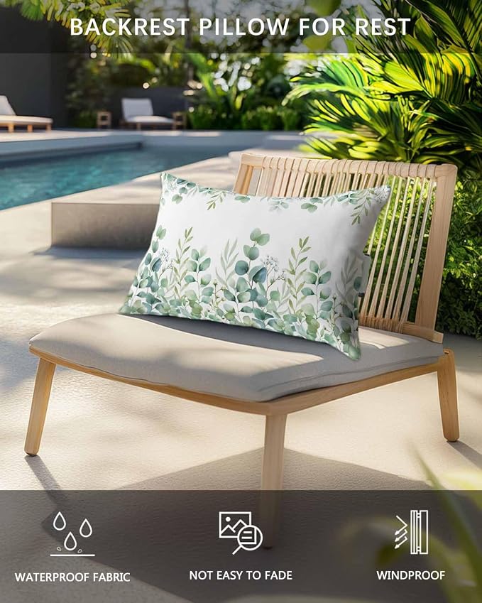 Green Eucalyptus Leaves Outdoor Pillows with Insert 11x16 Inch Watercolor Spring Botanical Waterproof Headrest Pillows with Adjustable Strap Lounger Chair Throw for Patio Furnitures, 2 Pack