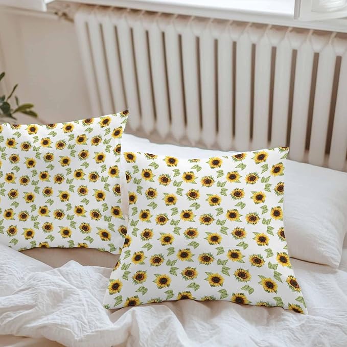 Sunflower Waterproof Outdoor Pillow Covers Set of 2 Home Decor, Yellow Green Botanical Farm Plant Leaves Pillowcase Patio Pillow Covers for Couch Bench Furniture Garden 16x16in