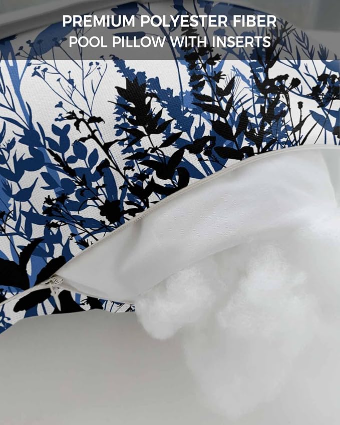 Outdoor Lumbar Cushions with Inserts, Classic Navy Blue Gradient Black Flower Silhouette Waterproof Fluffy Fade Body Pillows, Patio Furniture Pillow for Home Balcony Garden Decor 12x20IN