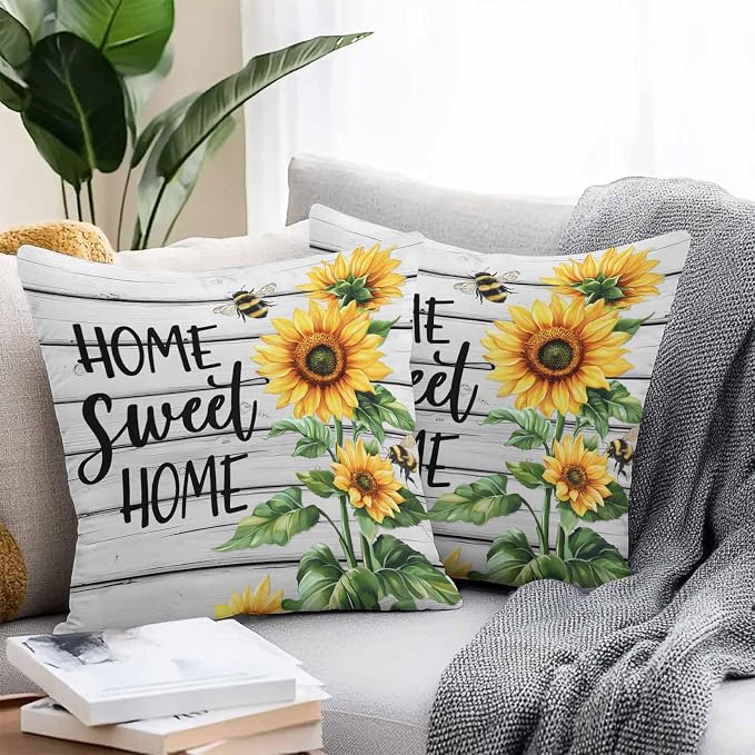Throw Pillow Covers 16x16 Inch Set of 2, Yellow Sunflower Waterproof Outdoor Pillow Covers, Bee Wooden Grain Country Farmhouse Decorative Cushion Pillowcases for Couch, Sofa, Bed, Garden, Patio